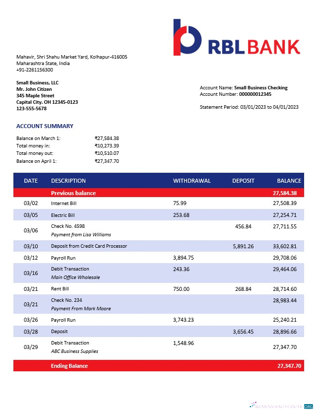 Download RBL Bank enterprise account statement Word and PDF template Photoshop template